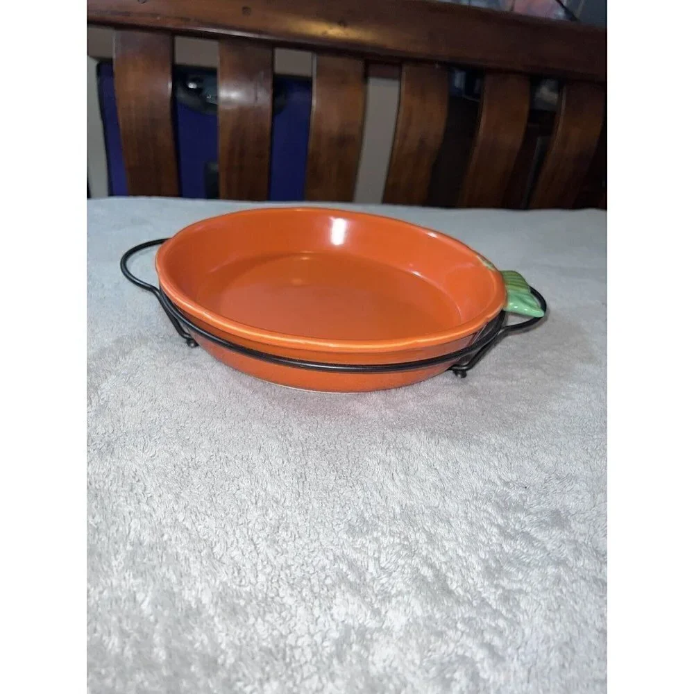Vintage Avon China Orange PUMPKIN Pie Plate Baking Dish with Serving Stand